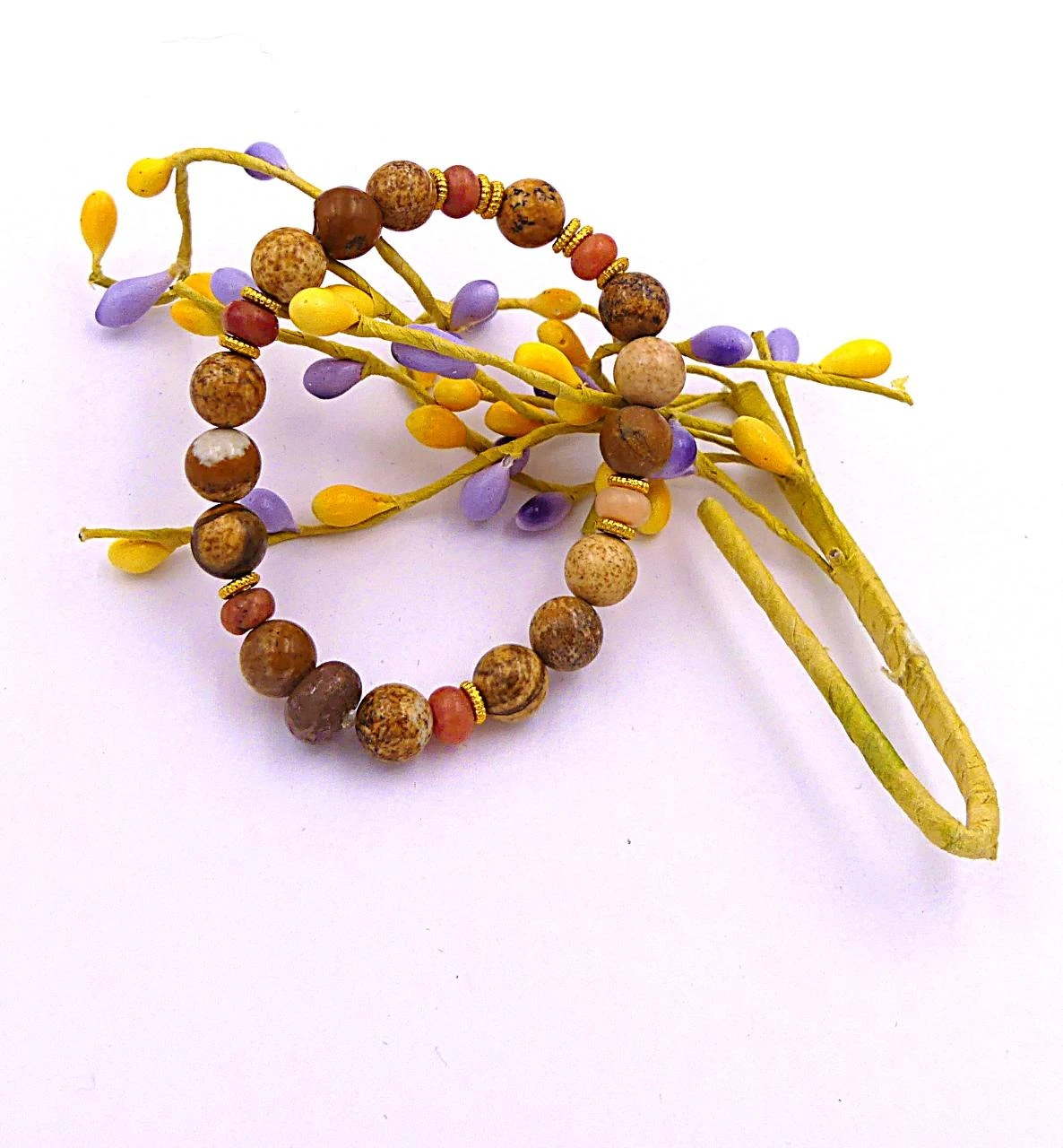 Pulsera elástica de piedra natural: jaspe paisaje y discos de metal dorado – photo 2
